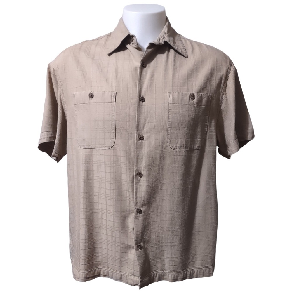 Caribbean Joe Shirt M Mens Tan Plaid Short Sleeve Casual Norm Cabin Core Retro